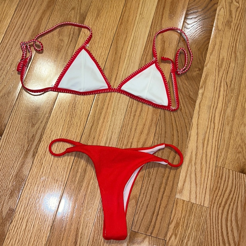 Shein red and white bikini top w/ cheeky red bottom